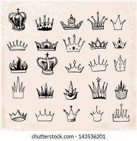 Sketch crowns collection. Hand-drawn with ink. Vector illustration.