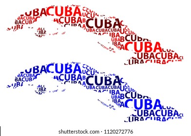 Sketch Cuba letter text map, Cuba - in the shape of the continent, Map Republic of Cuba - red and blue vector illustration