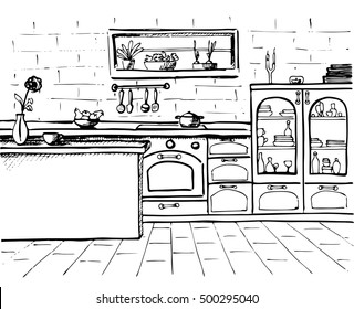 Sketch cuisine. Plan kitchen. Vector illustration