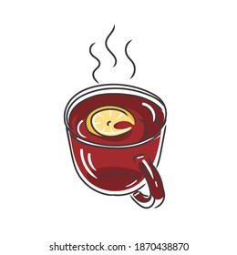 Sketch of cup of ноt black english tea with slice of lemon or lime. Cozy realistic concept for wintwr time. Vector handdrawn illustration of glass mug with warm drink 
