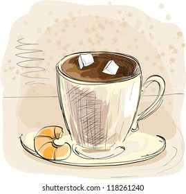 Sketch cup of coffee with croissant