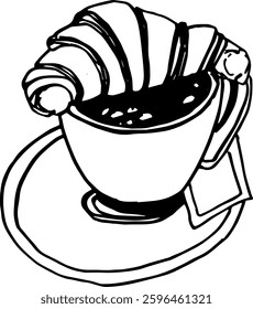 Sketch cup of coffee and croissant hand drawn outline isolated illustration 