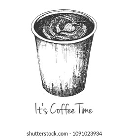 Sketch of a cup of coffee. The inscription It's Coffee Time. Vector illustration of a sketch style.