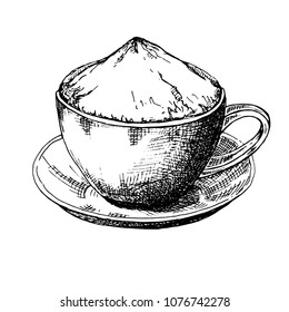Sketch of a cup of coffee on a saucer. Vector illustration of a sketch style.
