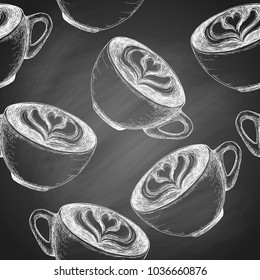 Sketch cup of coffee repeat on black chalboard background, draft illustration, capuccino silhouette drawing, seamless pattern. Delicious vintage etching food design.