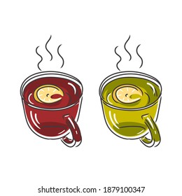 Sketch of cup of ноt green tea and black english tea with slice of lemon or lime. Cozy realistic concept for wintwr time. Vector handdrawn illustration of glass mug with warm drink of matcha