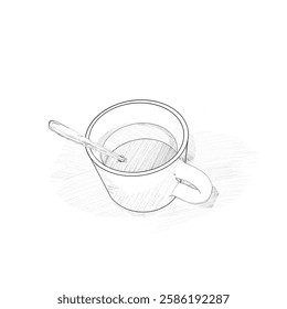 sketch of a cup of hot drink with a spoon on a white background