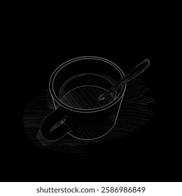 sketch of a cup of hot drink with a spoon on a black background