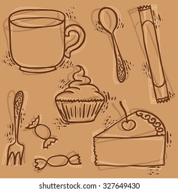 Sketch cup of tea of coffee breakfast set or collection - vector illustration. Design of pattern.