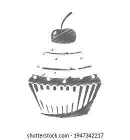 sketch of a cupcake with a cherry in doodle style. Flat design