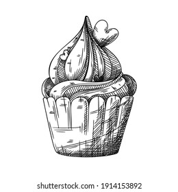 Sketch of a cupcake with cream and hearts decoration. Valentine's day cupcake. Vector illustration