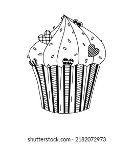 Sketch of a cupcake with cream and hearts decoration. Valentine's day cupcake. Vector illustration