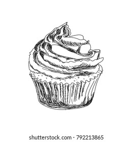 Sketch of a cupcake. Imitation of pencil drawing. Hand drawing. Vector illustration in a graphic style.