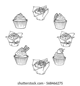 Sketch Cupcakes and muffins round frame. Set of hand drawn cakes. illustration of baking. Cafe doodle menu.