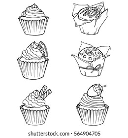 Sketch Cupcakes and muffins. Set of hand drawn cakes. Vector illustration of baking. Cafe doodle menu.