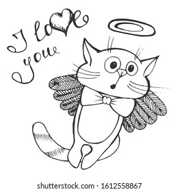 Sketch of Cupid cat with wings on a white background. Vector illustration