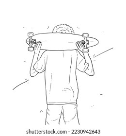 Sketch Curly boy pick up his skateboard vector modern illustration