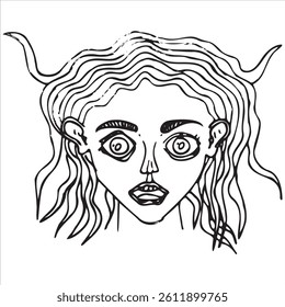 sketch of curly haired woman with surprised expression