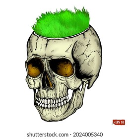 Sketch of cut off human scull with burning eyes. Fresh young green grass sprouted outside. Hand drawn ink vector illustration of human bones. Elements for design T-shirt, tattoo.