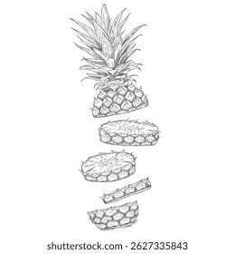 Sketch of a cut pineapple. Set of ink sketches. Hand drawn vector illustration. Pineapple slices