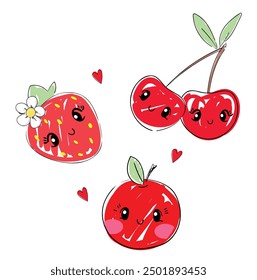 Sketch Manzana linda, cereza y fresa, Ilustración vectorial de diseño de impresión para niños