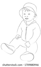 A sketch of a cute baby boy in a panama hat, portrait of a baby who is sitting