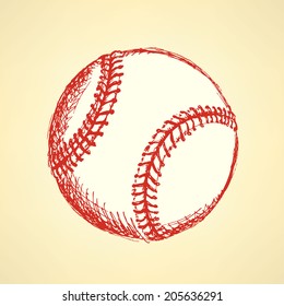 Sketch cute baseball ball, vector vintage background 