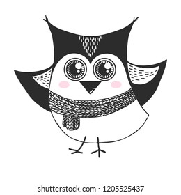 Sketch cute bird. Owl in a doodle style. Vector