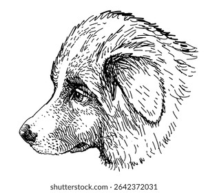Sketch of cute border collie puppy head, animal portrait, purebred dog, realistic hand drawn vector illustration 