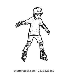 Sketch Cute boy trying roller skate on White Background vector modern illustration