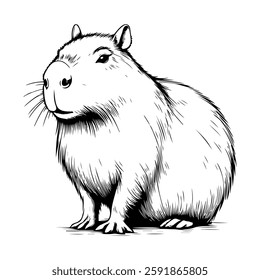 Sketch of cute capybara. In line art style. Isolated on white background. For clothing design