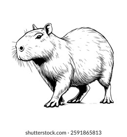 Sketch of cute capybara. In line art style. Isolated on white background. For clothing design