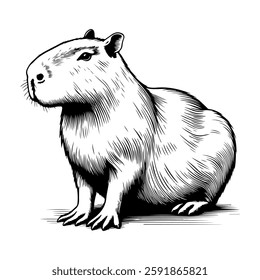 Sketch of cute capybara. In line art style. Isolated on white background. For clothing design