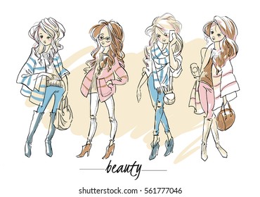 Sketch of cute cartoon girls. Vector illustration.