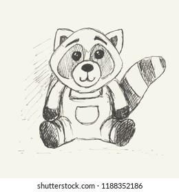 Sketch of cute cartoon raccoon isolated on white background. Funny character animal. Black and white vector illustration.