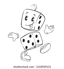 boceto, personaje lindo en forma de dados alegremente camina, libro de colorear, ilustración de dibujos animados, objeto aislado en un fondo blanco, vector, eps.