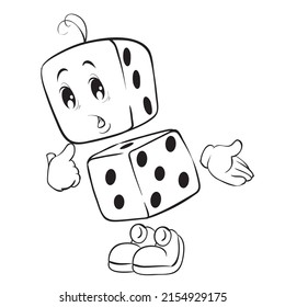 sketch, cute character in the form of dice is very surprised, coloring book, cartoon illustration, isolated object on a white background, vector, eps.