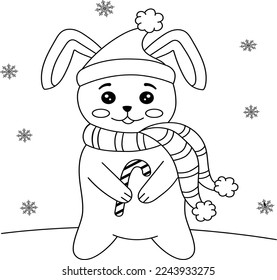 Sketch of a cute Christmas bunny with a lollipop. Funny Christmas character for design, printing, postcards,posters.Flat Cartoon Vector Illustration Chinese New Year Symbol