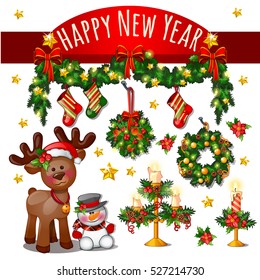 Sketch Of Cute Christmas Card With Red Ribbon Bow, Deer, Snowman, Golden Stars. New Year Candles, Classic Christmas Decorations, Wreath And Baubles. Sample Of Poster, Invitation. Vector Illustration.