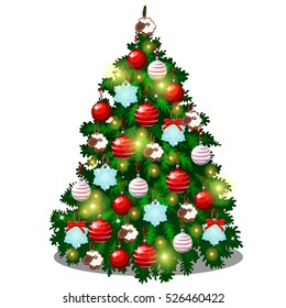 Sketch With Cute Christmas Tree With New Year Gifts, Classic Christmas Decorations And Baubles. Sample Of Poster, Invitation And Other Card. Vector Illustration.