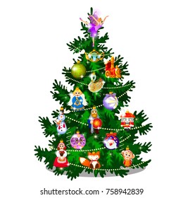 Sketch With Cute Christmas Tree. New Year Gifts, Classic Christmas Decorations And Baubles. Sample Of Poster, Invitation And Other Card. Vector cartoon close-up illustration.