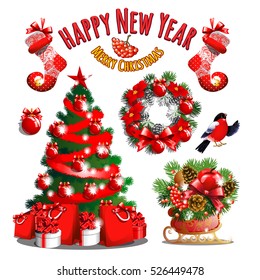 Sketch With Cute Christmas Tree With Red Ribbon Bow. New Year Gift Boxes, Classic Christmas Decorations, Wreath And Baubles. Sample Of Poster, Invitation And Other Card. Vector Illustration.