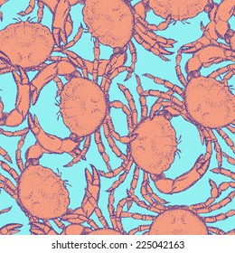 Sketch cute crab in vintage style, seamless pattern 