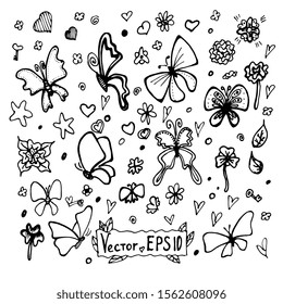 Sketch of cute doodles nature collection of elements, flowers, leaves butterflies for your design. Floral scribble set. Isolated vector on white.