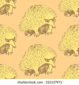 Sketch cute echidna in vintage style, vector seamless pattern