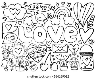 Sketch Cute Elements Black Vector Items Illustration With Hearts And Flowers Bird