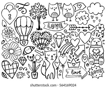 Sketch Cute Elements Black Vector Items Illustration With Hearts And Flowers Animals