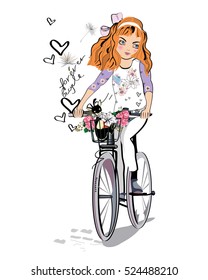 Sketch of a cute fashion girl with a dog riding the bicycle.