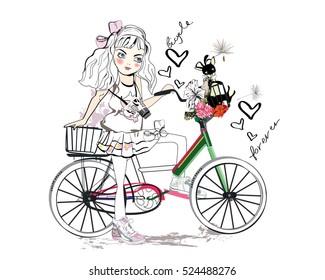 Sketch of a cute fashion girl with a dog riding the bicycle.