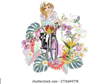 Sketch of a cute fashion girl princess with a cat riding the bicycle decorated with flowers and palm leaves, birds. Hand drawn vector illustration.